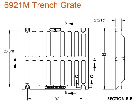 22" x 24" Ductile Iron Trench Grate, Extra Heavy Duty Airport